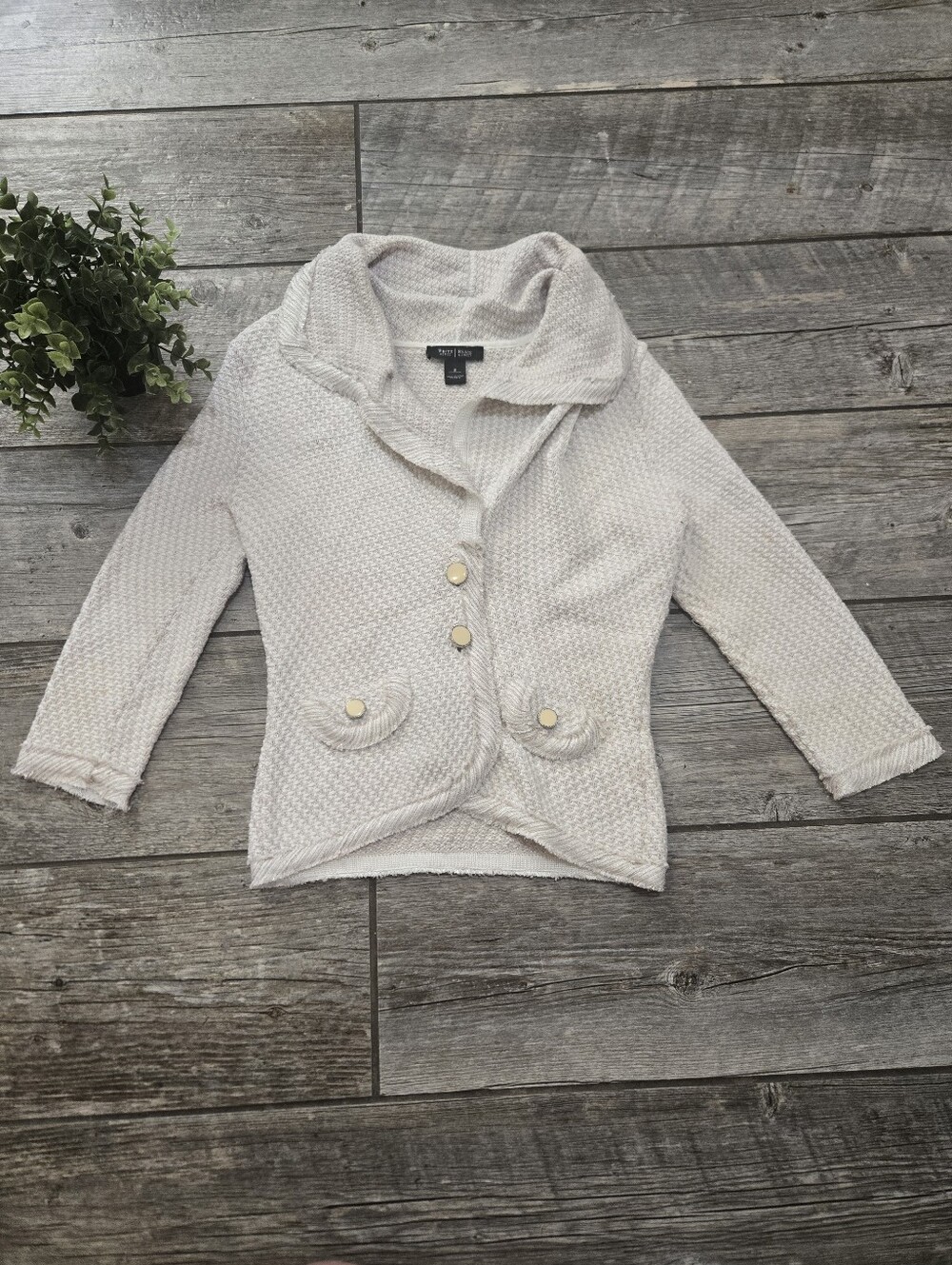 White House Black Market Cream Textured Knit Button Cardigan Sweater Jacket, S